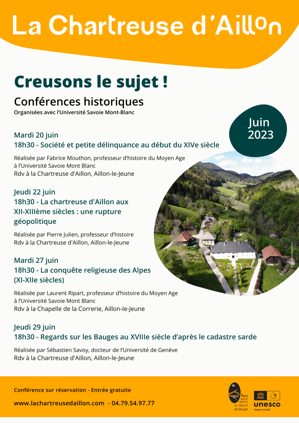 Programme de conférences historiques de la Chartreuse d'Aillon, en juin